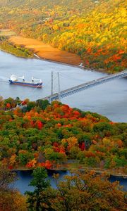 Preview wallpaper ship, bridge, trees, autumn