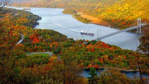 Preview wallpaper ship, bridge, trees, autumn