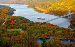 Preview wallpaper ship, bridge, trees, autumn