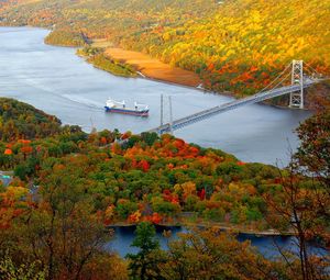 Preview wallpaper ship, bridge, trees, autumn