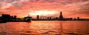 Preview wallpaper ship, buildings, sea, sunset, evening