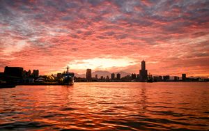 Preview wallpaper ship, buildings, sea, sunset, evening