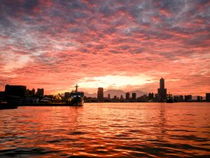 Preview wallpaper ship, buildings, sea, sunset, evening