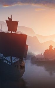 Preview wallpaper ship, castle, port, art