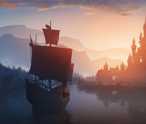 Preview wallpaper ship, castle, port, art