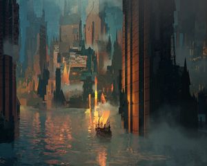 Preview wallpaper ship, city, futurism, art