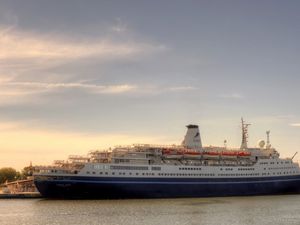 Preview wallpaper ship, cruise ship, sky, river