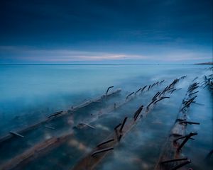 Preview wallpaper ship, destroyed, sea, horizon