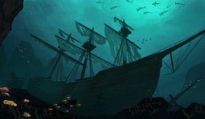 Preview wallpaper ship, diver, fish, underwater, art