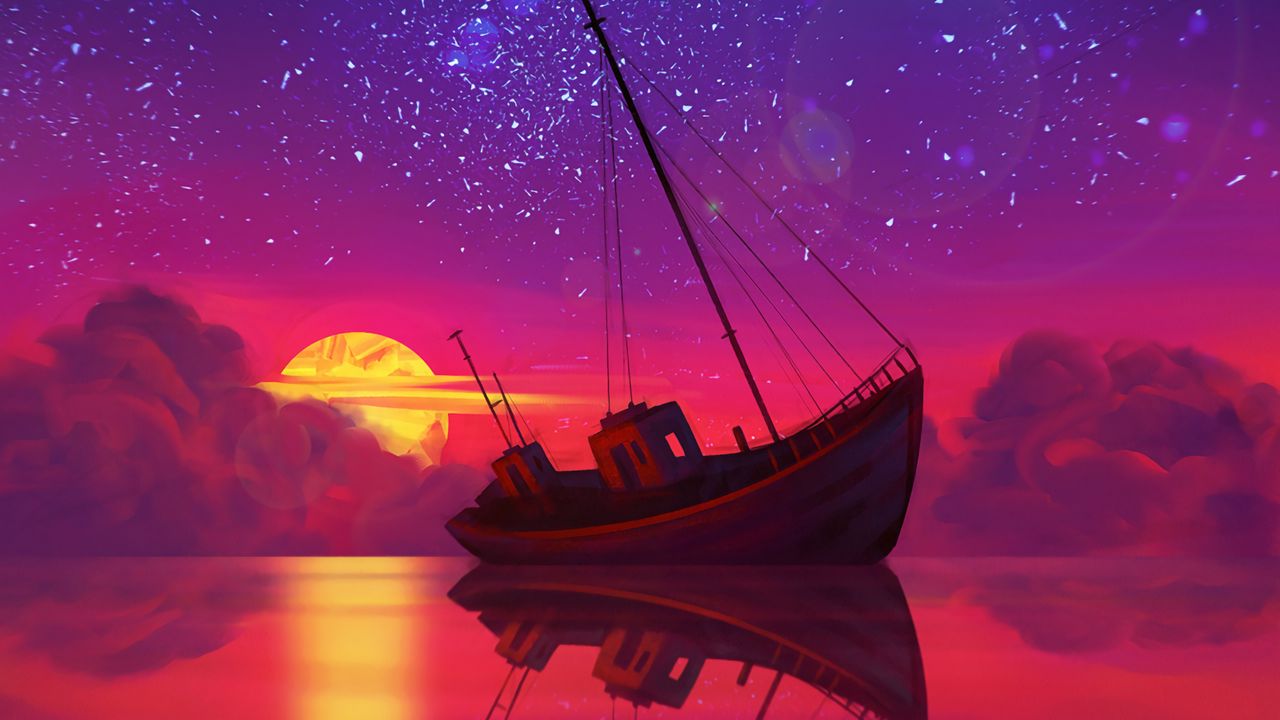 Wallpaper ship, full moon, horizon, sunset, art