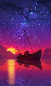 Preview wallpaper ship, full moon, horizon, sunset, art