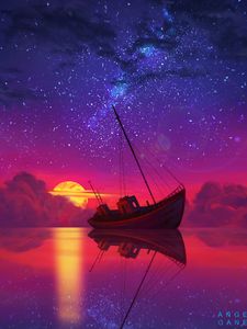 Preview wallpaper ship, full moon, horizon, sunset, art