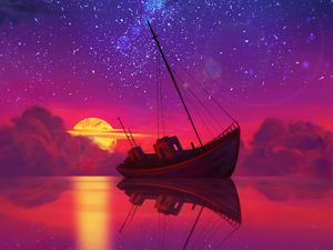 Preview wallpaper ship, full moon, horizon, sunset, art