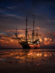 Preview wallpaper ship, horizon, sunset, sea