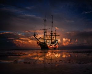 Preview wallpaper ship, horizon, sunset, sea