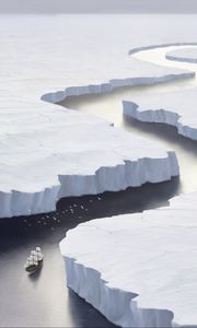 Preview wallpaper ship, ice floes, bird, art