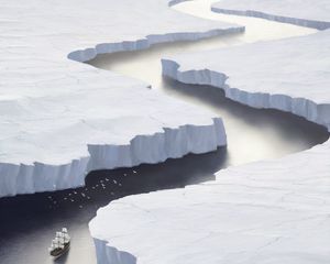 Preview wallpaper ship, ice floes, bird, art