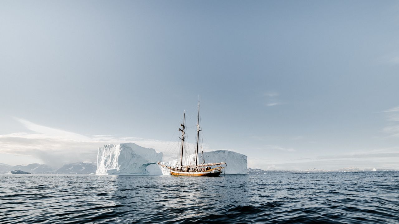 Wallpaper ship, ice, iceberg, sea, ripples