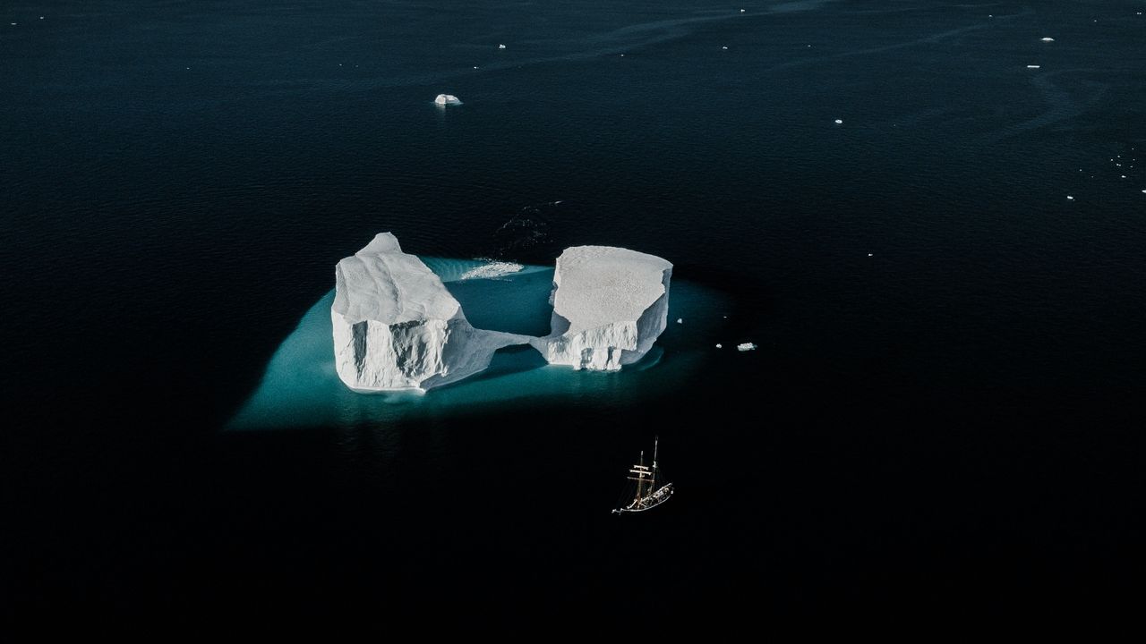 Wallpaper ship, iceberg, aerial view, ocean, snow