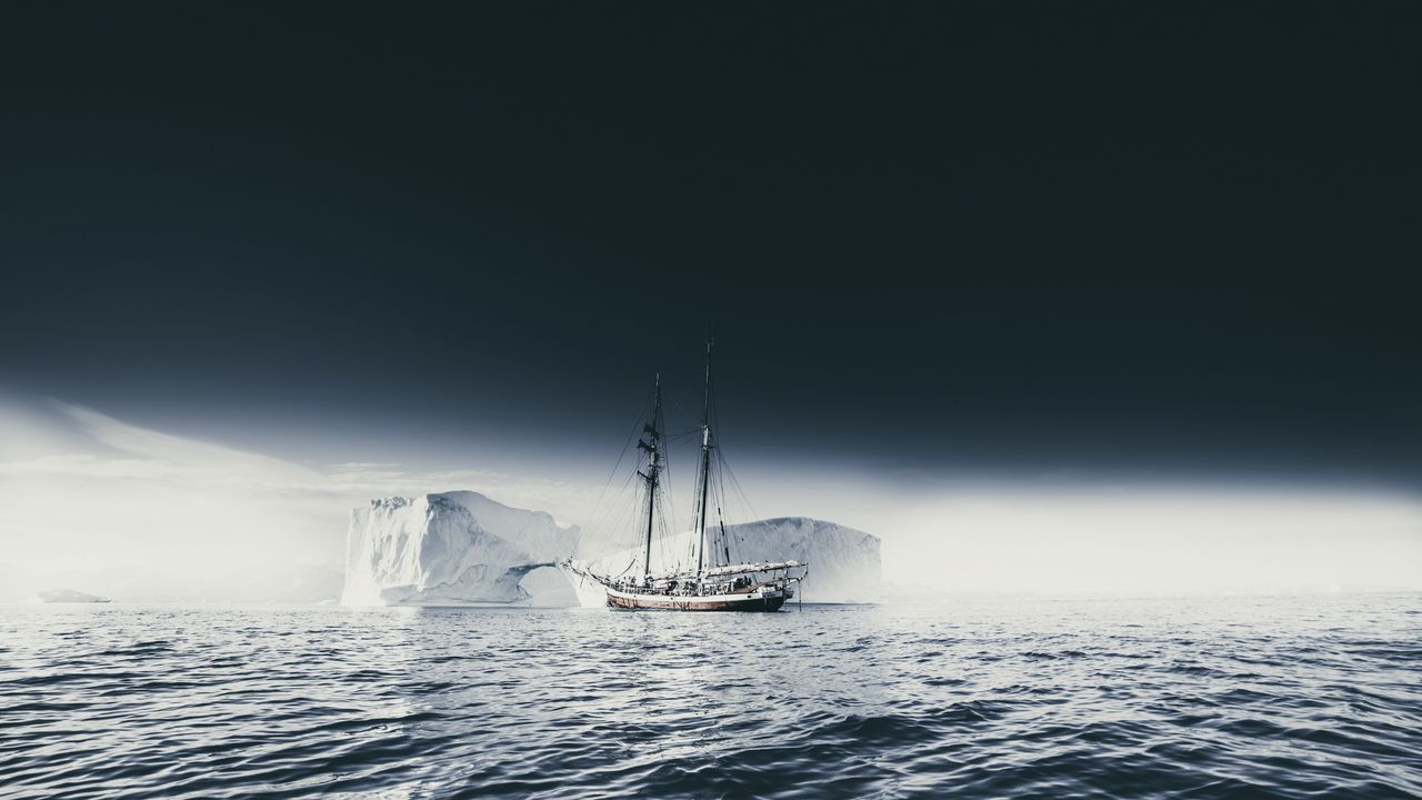 Wallpaper ship, iceberg, ice, fog, sea, sky