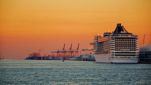 Preview wallpaper ship, liner, sea, port, sunset