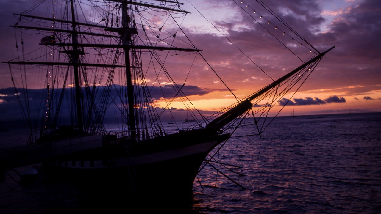 Wallpaper ship, mast, sunset, sea