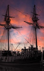 Preview wallpaper ship, masts, pier, sky, clouds