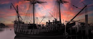 Preview wallpaper ship, masts, pier, sky, clouds