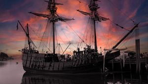 Preview wallpaper ship, masts, pier, sky, clouds