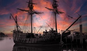 Preview wallpaper ship, masts, pier, sky, clouds