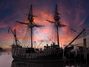 Preview wallpaper ship, masts, pier, sky, clouds