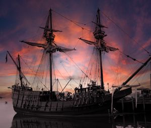 Preview wallpaper ship, masts, pier, sky, clouds