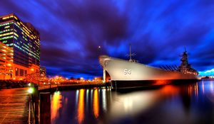 Preview wallpaper ship, night, light, sky, city, port