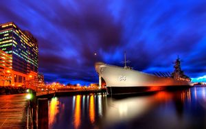 Preview wallpaper ship, night, light, sky, city, port