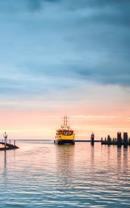 Preview wallpaper ship, port, sea, sunset