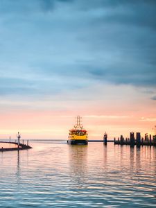 Preview wallpaper ship, port, sea, sunset