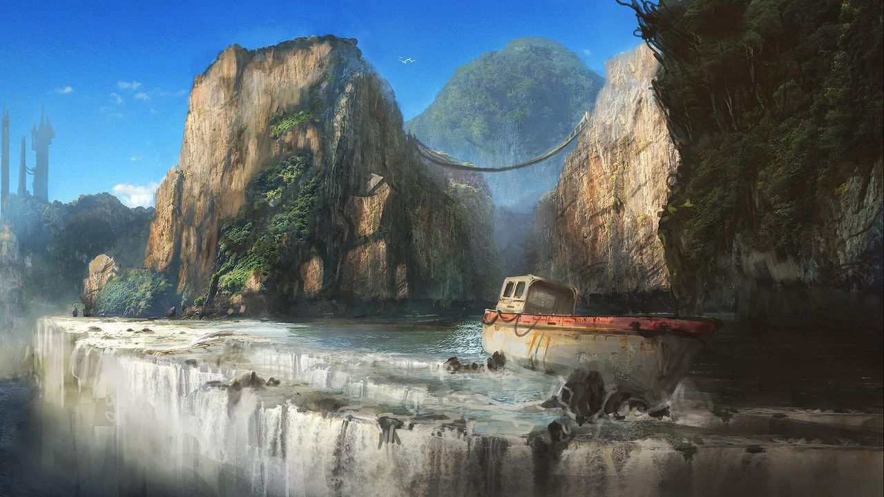 Wallpaper ship, rock, cliff, waterfall, skyscraper