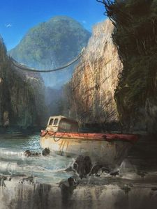 Preview wallpaper ship, rock, cliff, waterfall, skyscraper