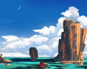 Preview wallpaper ship, rocks, art