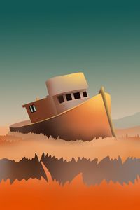 Preview wallpaper ship, ruins, grass, art