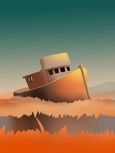 Preview wallpaper ship, ruins, grass, art