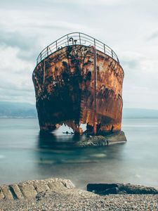 Preview wallpaper ship, rusty, ruined, sea, shore