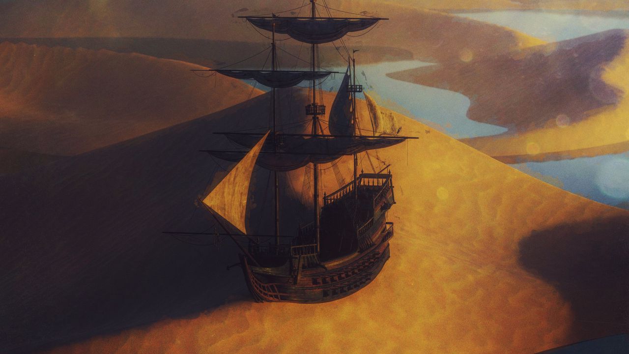 Wallpaper ship, sail, desert, sand, art