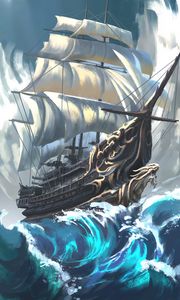 Preview wallpaper ship, sail, sea, waves, art