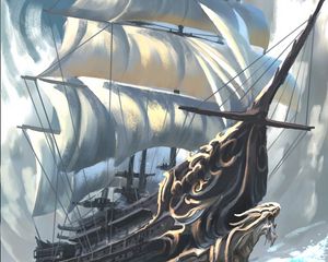 Preview wallpaper ship, sail, sea, waves, art