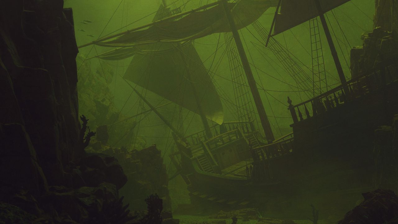 Wallpaper ship, sail, underwater, green, dark