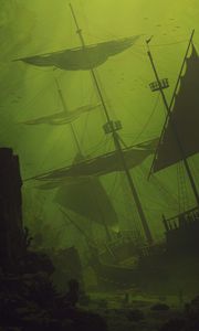 Preview wallpaper ship, sail, underwater, green, dark