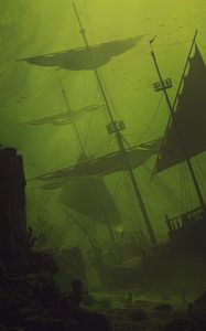 Preview wallpaper ship, sail, underwater, green, dark