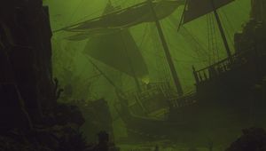 Preview wallpaper ship, sail, underwater, green, dark