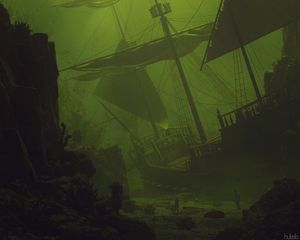 Preview wallpaper ship, sail, underwater, green, dark